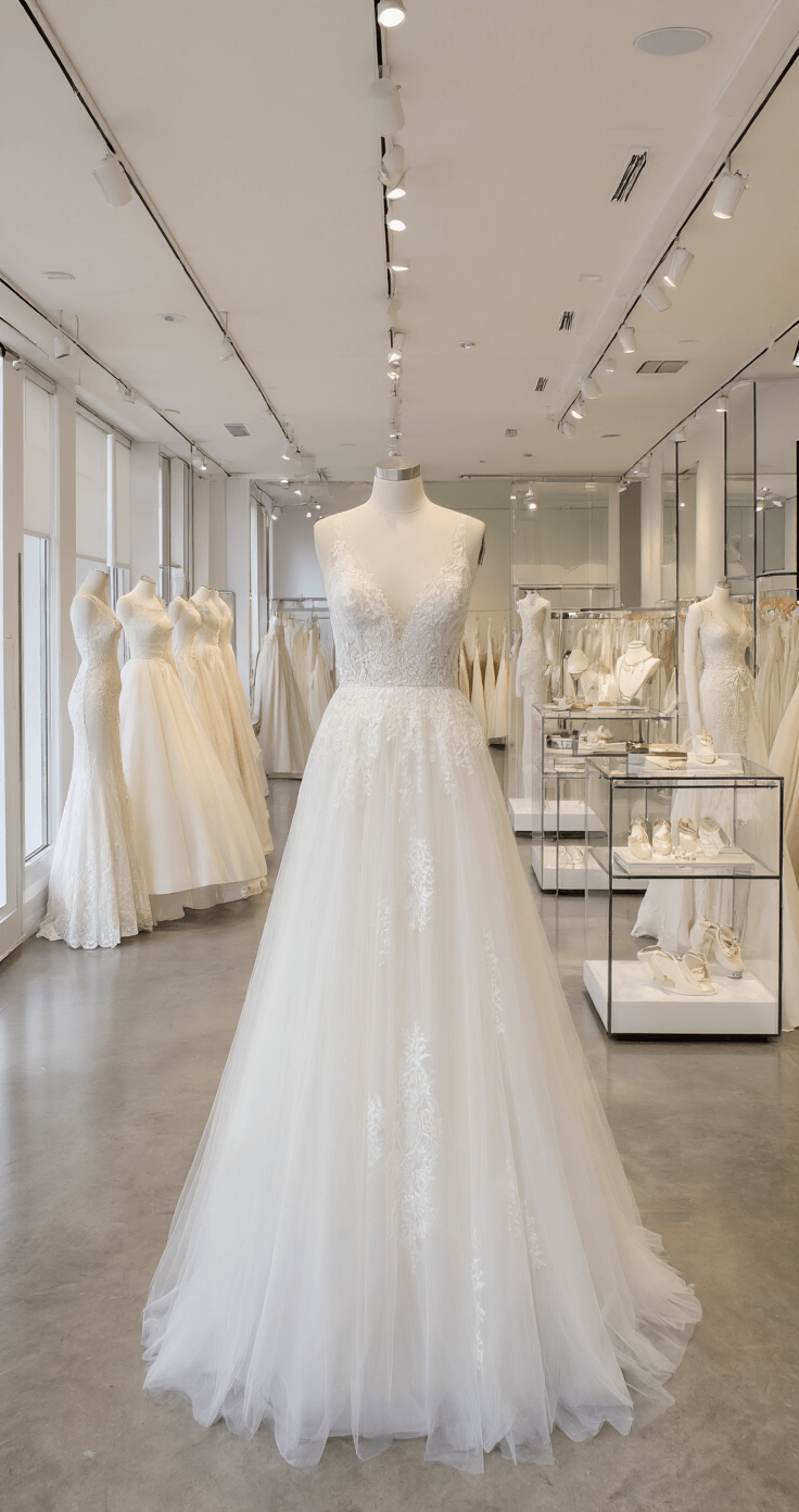 A-Line Wedding Dress: Your Ultimate Style Guide for the Perfect Bridal Look Sophisticated bridal boutique showroom featuring modern minimalist design with A-line wedding dresses on elegant mannequins, showcasing satin, tulle, and lace in ivory tones, highlighted by professional lighting, polished concrete floors, and glass displays of designer accessories.
