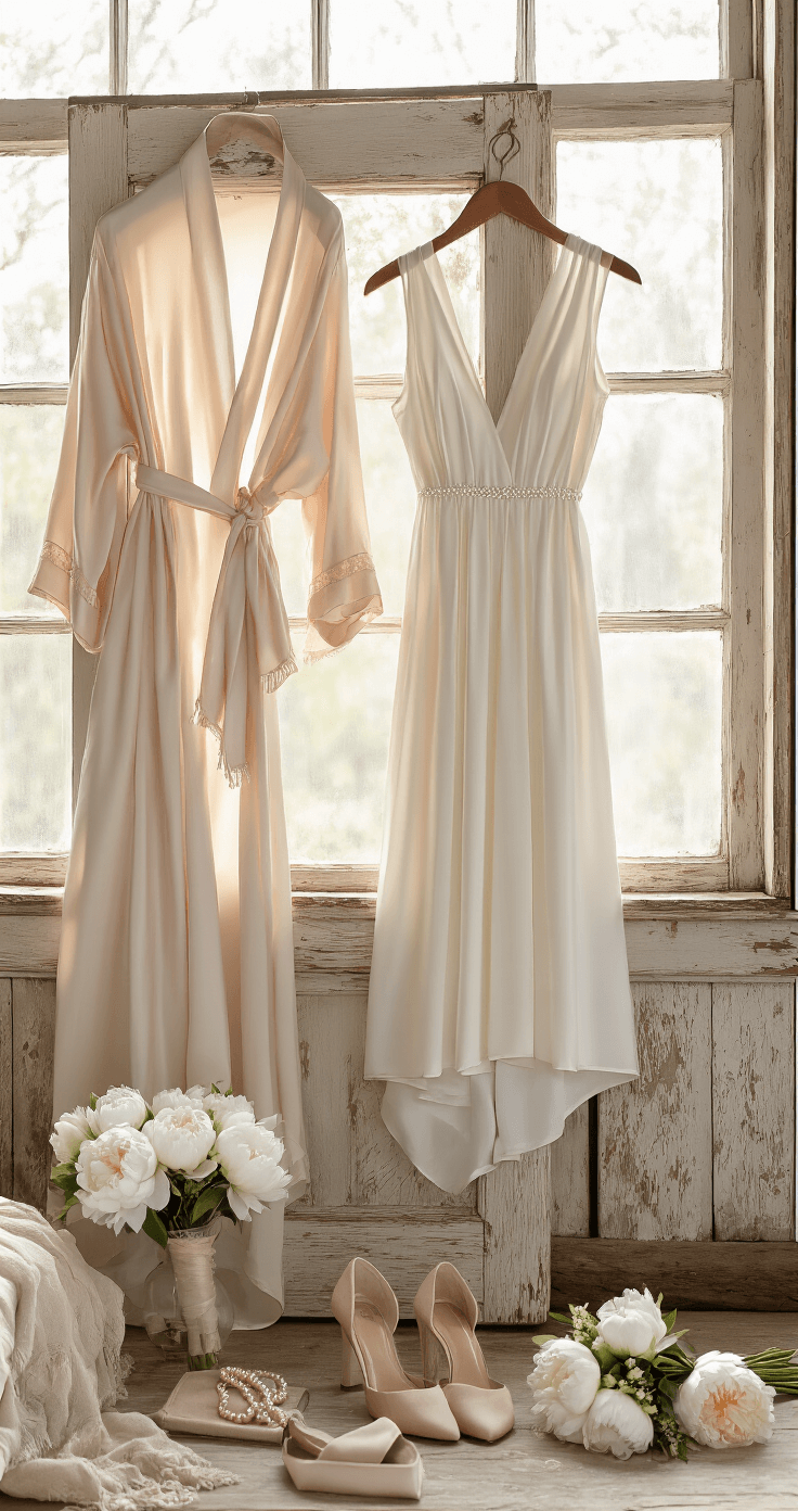 A-Line Wedding Dress: Your Ultimate Style Guide for the Perfect Bridal Look Cozy bridal preparation scene featuring an A-line dress on a vintage door, nude block heels, pearl jewelry, a silk robe, and a bouquet of white peonies, all bathed in warm window light on weathered wood surfaces.