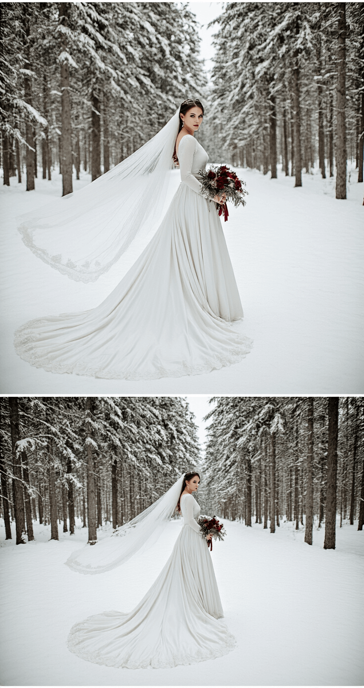 A-Line Wedding Dress: Your Ultimate Style Guide for the Perfect Bridal Look A bride in a long-sleeved A-line gown with a cathedral train poses in a snowy forest, her dramatic veil flowing in the breeze. The overcast sky provides soft lighting, while a rich burgundy bouquet adds a pop of color against the white backdrop.