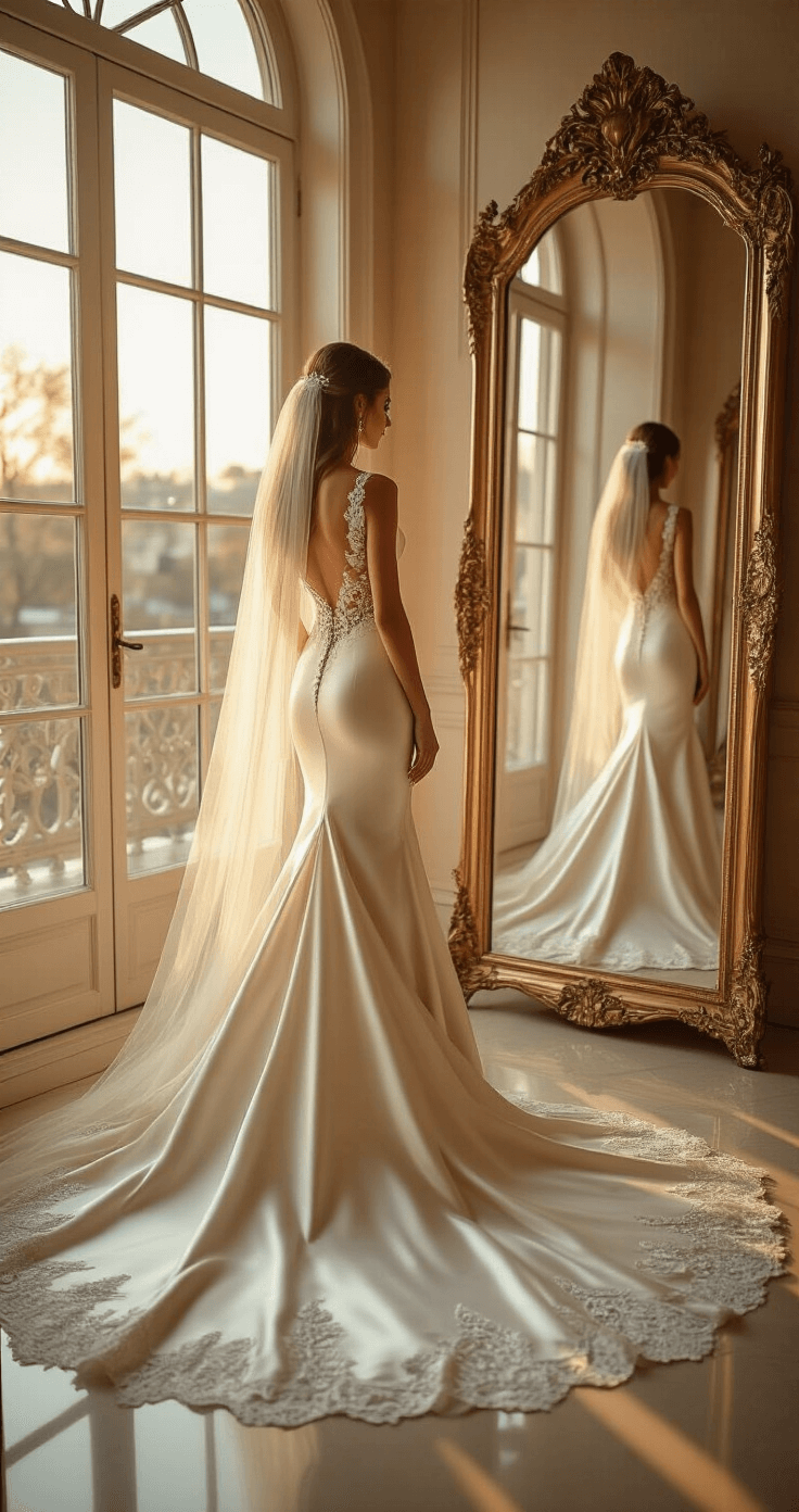 Stunning Mermaid Wedding Dresses: Your Ultimate Style Bride in ivory satin mermaid gown with lace bodice and cathedral train poses in a luxurious boutique fitting room, illuminated by golden hour light from floor-to-ceiling windows, reflecting in an ornate mirror.
