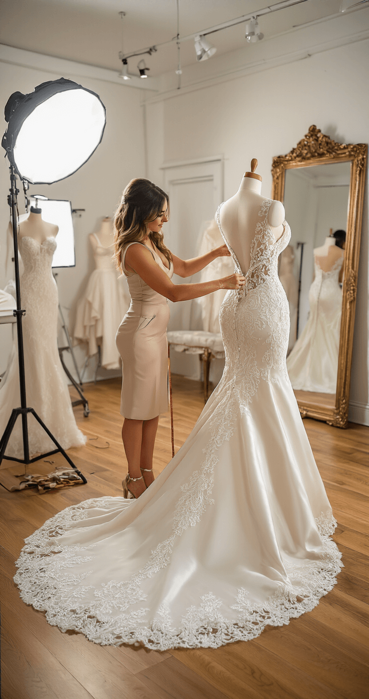 Stunning Mermaid Wedding Dresses: Your Ultimate Style A seamstress expertly adjusts the structured bodice of a mermaid gown on a bride during a professional fitting in an upscale atelier, with bright studio lighting showcasing rich silk mikado and French lace appliques, in a boutique atmosphere with warm wood floors and elegant mirrors.