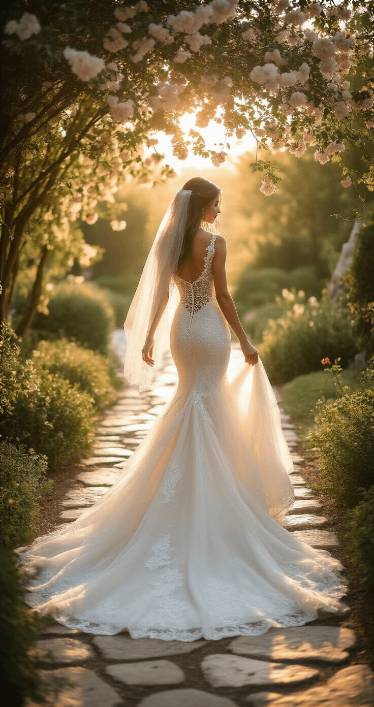 Stunning Mermaid Wedding Dresses: Your Ultimate Style Bride in dramatic mermaid silhouette gown with lace bodice and voluminous organza skirt walking gracefully on a stone pathway in an outdoor garden during golden hour, with a vintage pearl necklace and cathedral veil caught in the breeze, surrounded by flowering trees and soft evening light creating a romantic atmosphere.