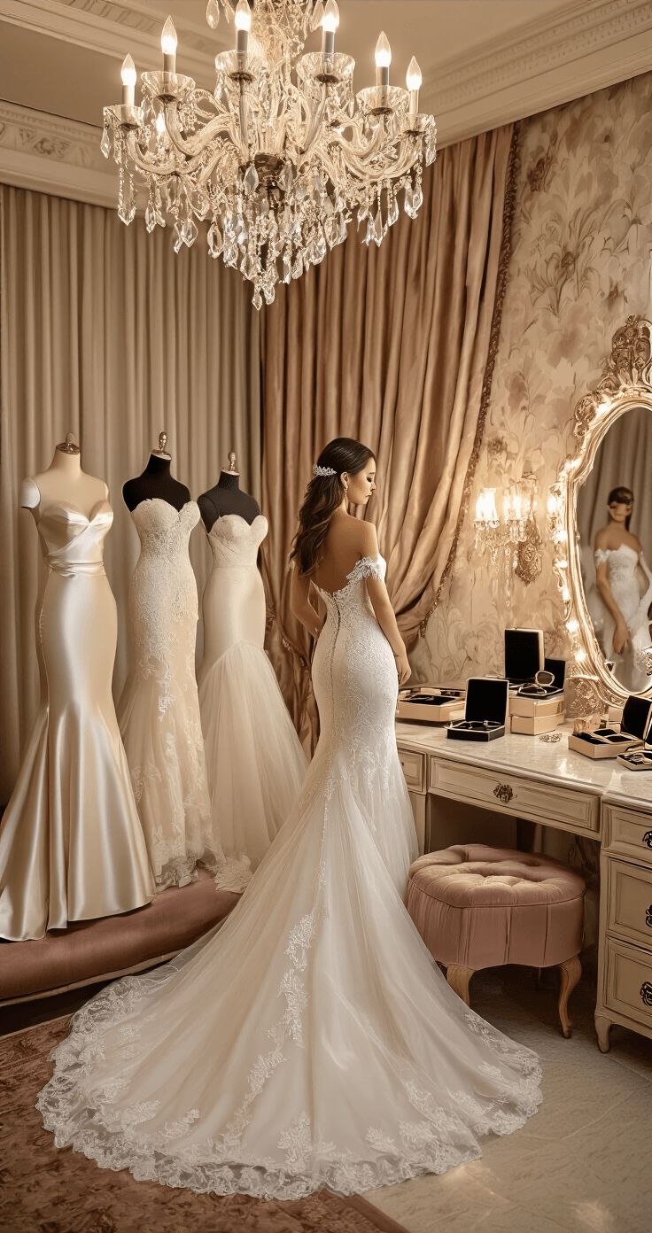 Stunning Mermaid Wedding Dresses: Your Ultimate Style Luxurious bridal suite with warm ambient lighting featuring mermaid dress options on dress forms, bride examining fabrics, rich textures in decor, and organized accessories on a vintage vanity, all in an elegant ivory, champagne, and rose gold color scheme.