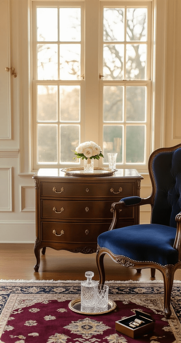 Groom Boutonniere Ideas: Elevate Your Wedding Day Style Luxurious groom's dressing room featuring golden morning light, a mahogany dresser with an elegant white rose boutonniere on a vintage silver tray, a rich navy velvet armchair, cream walls with wainscoting, a deep burgundy Persian rug, a crystal decanter set, a leather jewelry box, and warm brass fixtures, all creating a sophisticated masculine atmosphere with soft romantic undertones.