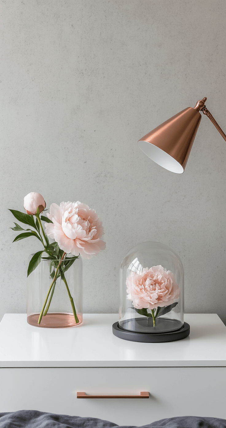 Groom Boutonniere Ideas: Elevate Your Wedding Day Style Modern minimalist bedroom corner featuring a sleek white lacquer nightstand with a blush peony boutonniere in a glass cloche, charcoal linen bedding, a concrete accent wall, and a geometric copper lamp, illuminated by soft afternoon light.