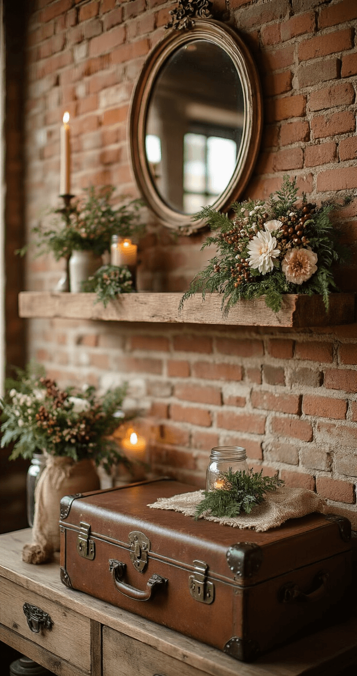 Groom Boutonniere Ideas: Elevate Your Wedding Day Style A cozy rustic wedding suite interior featuring warm evening lamplight, a reclaimed wood floating shelf with a wildflower boutonniere, an exposed brick wall, vintage leather trunk, mason jar lighting, and burlap and lace accents in earth tones, viewed from a low angle to emphasize natural organic textures and a bohemian atmosphere.