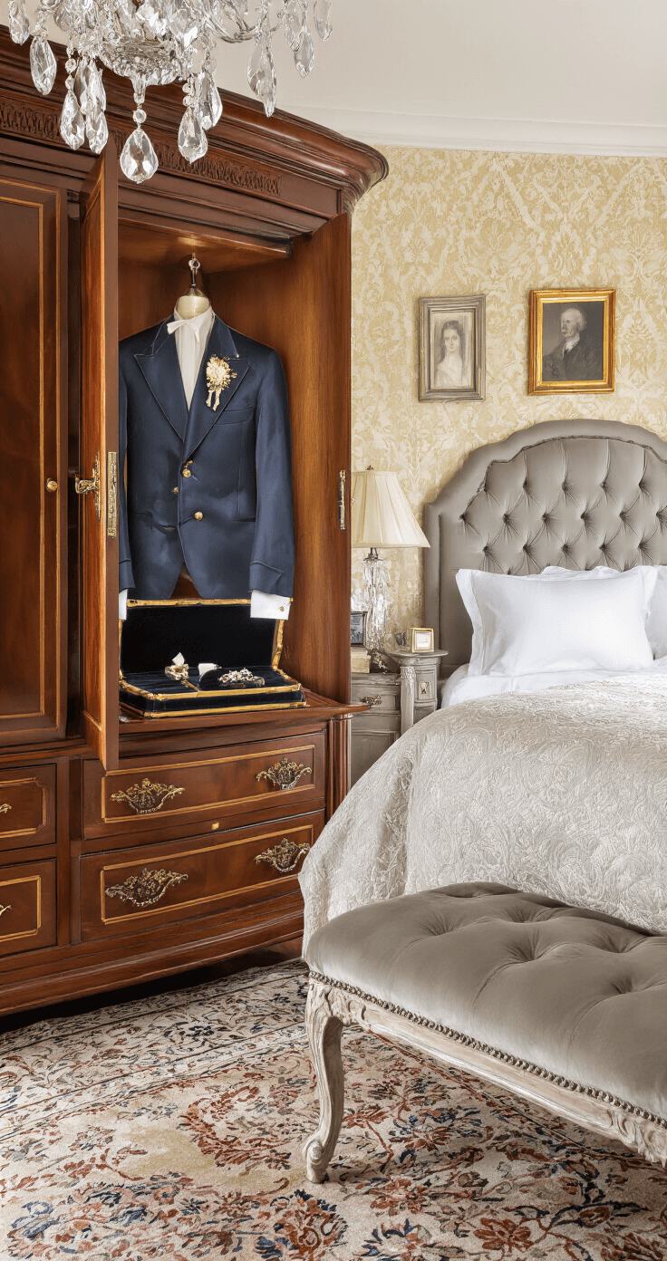 Groom Boutonniere Ideas: Elevate Your Wedding Day Style Elegant master bedroom bathed in morning sunlight, featuring a vintage family pin boutonniere on a velvet-lined jewelry tray inside an ornate mahogany armoire, complemented by silk champagne wallpaper, a crystal chandelier, a dove gray tufted headboard, a jewel-toned Persian carpet, and silver picture frames, conveying timeless sophistication and sentimental warmth.