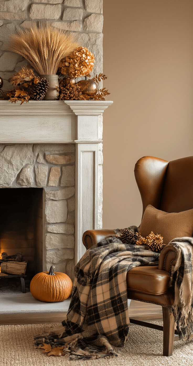 Groom Boutonniere Ideas: Elevate Your Wedding Day Style A cozy autumn-themed room featuring a distressed wood mantle with a wheat and pinecone boutonniere, a stone fireplace, and a leather wingback chair in cognac. The warm taupe walls and copper accents complement the soft golden afternoon light, while a plaid wool throw and dried hydrangeas enhance the rustic elegance and natural textures of the seasonal decor.