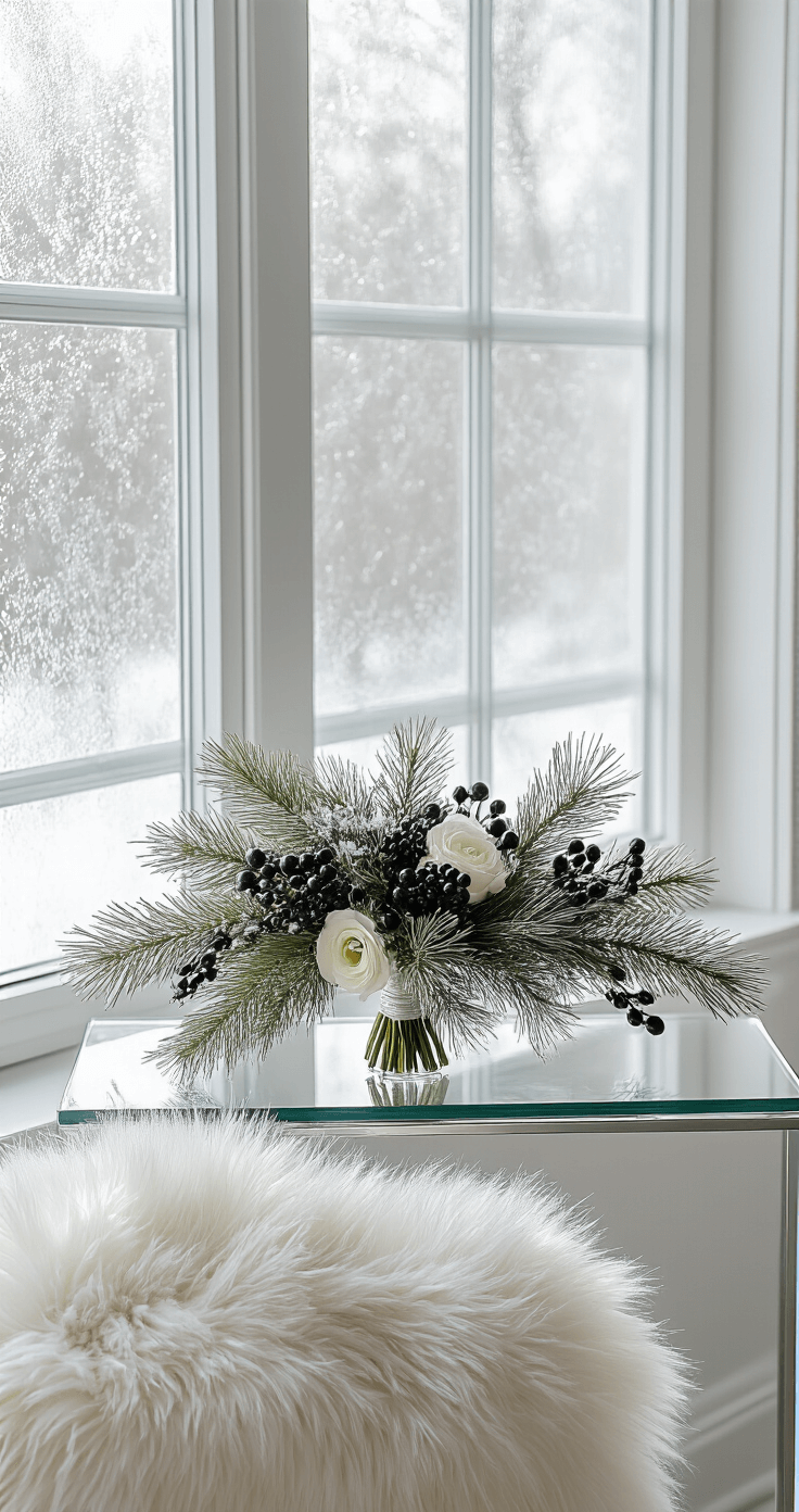 Groom Boutonniere Ideas: Elevate Your Wedding Day Style A modern winter-inspired interior featuring frosted windows allowing crisp morning light to illuminate a glass console displaying an evergreen boutonniere with dark berries, set against arctic white walls, metallic silver accents, and a platinum faux fur throw, embodying a minimalist decor and monochromatic winter palette for a fresh, sophisticated seasonal elegance.