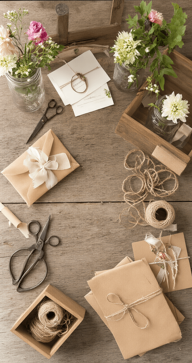Groom Boutonniere Ideas: Elevate Your Wedding Day Style Artisan craft room with weathered wood table cluttered with DIY boutonniere supplies, including fresh flowers in mason jars, vintage scissors, silk ribbons, kraft paper, and twine, all illuminated by warm task lighting, creating an inspiring and creative atmosphere.