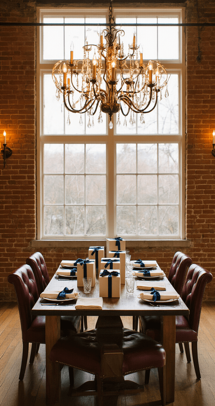 The Ultimate Guide to Groomsmen Gifts in 2025: Personalized, Practical, and Unforgettable Intimate rehearsal dinner setup featuring a mahogany dining table under a warm Edison bulb chandelier, adorned with navy ribbon-wrapped gift boxes by each place setting, rich burgundy leather chairs, cream linen napkins, and crystal whiskey tumblers, all set against rustic brick walls with vintage fixtures and golden hour lighting casting warm shadows.