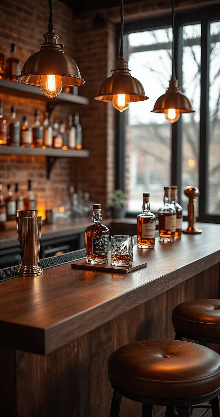 The Ultimate Guide to Groomsmen Gifts in 2025: Personalized, Practical, and Unforgettable A modern home bar exuding masculine sophistication, featuring a dark walnut bar top with personalized whiskey tumblers and small-batch bourbon bottles under warm tungsten lighting, industrial bar stools, and an exposed brick backsplash.