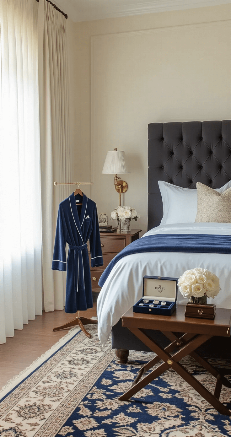 The Ultimate Guide to Groomsmen Gifts in 2025: Personalized, Practical, and Unforgettable Elegant bedroom suite with tufted charcoal headboard, luxury navy and white bedding, wooden valet stand with monogrammed robes, and decorative details under soft morning light.