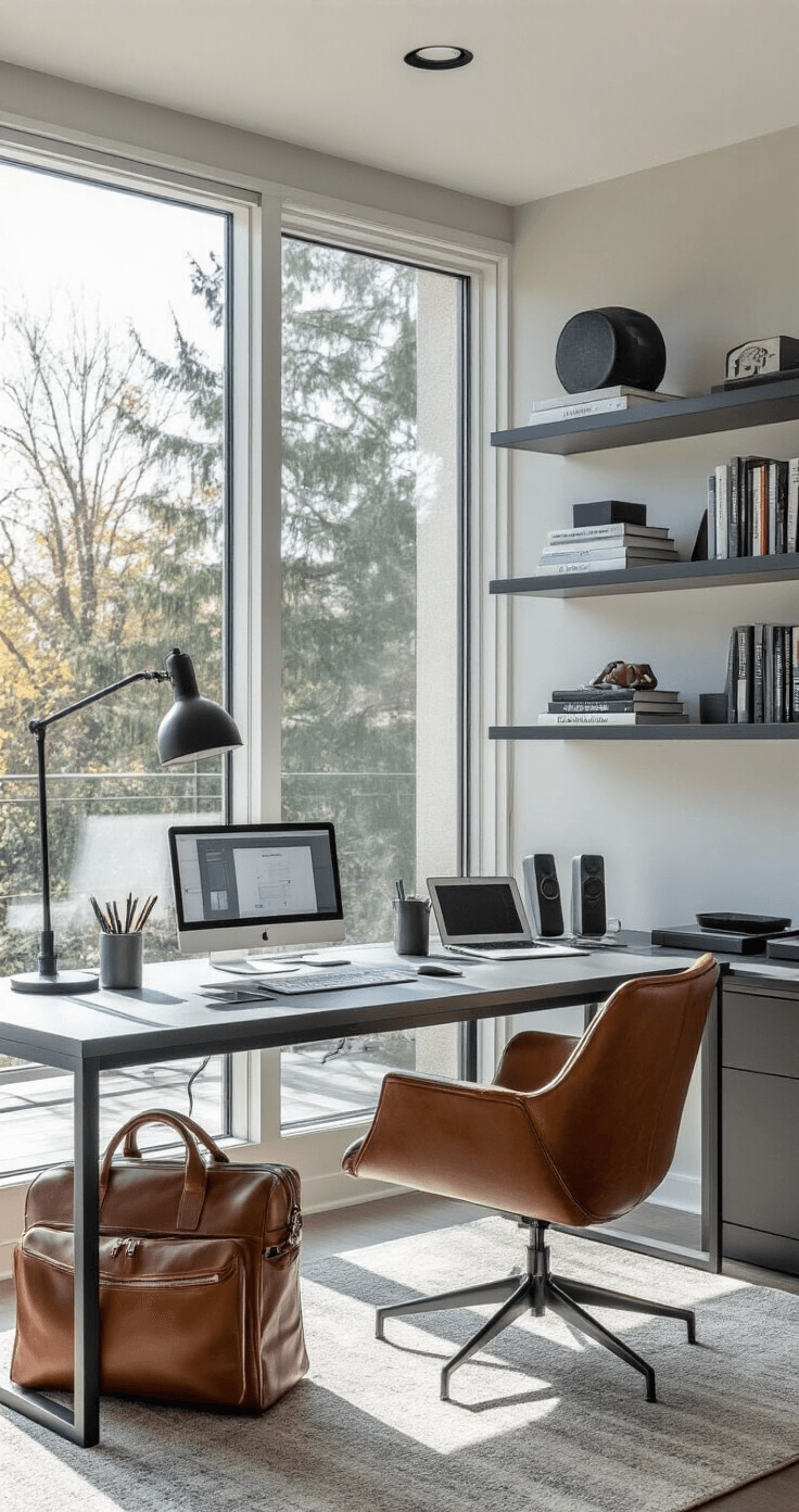 The Ultimate Guide to Groomsmen Gifts in 2025: Personalized, Practical, and Unforgettable A contemporary home office bathed in afternoon sunlight, featuring a sleek desk with tech organizers and leather weekender bags, complemented by a mid-century modern chair and floating shelves. The minimalist decor in a neutral palette showcases clean lines, with overhead lighting enhancing the modern, organized atmosphere ideal for a digital nomad.