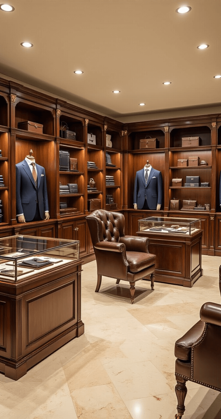 The Ultimate Guide to Groomsmen Gifts in 2025: Personalized, Practical, and Unforgettable Upscale men's boutique interior featuring warm spotlighting, glass display cases with engraved gifts and luxury accessories, rich mahogany fixtures, cream marble floors, and tailored suits on mannequins, creating a refined and sophisticated shopping atmosphere.