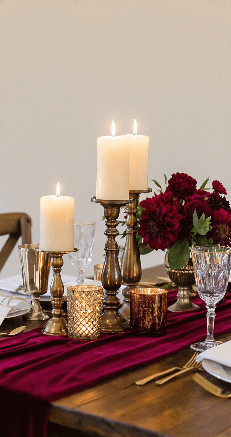 Stunning Head Table Decor: Transform Your Wedding Reception Centerpiece Twilight reception scene featuring varying heights of pillar candles casting flickering light on a burgundy velvet table runner, contrasted with crisp white linens. Mixed metallic candleholders in gold, bronze, and copper hold deep red roses and burgundy dahlias. The warm amber glow reflects off polished silverware and crystal glasses atop a dark wooden farmhouse table, enhancing the romantic ambiance.
