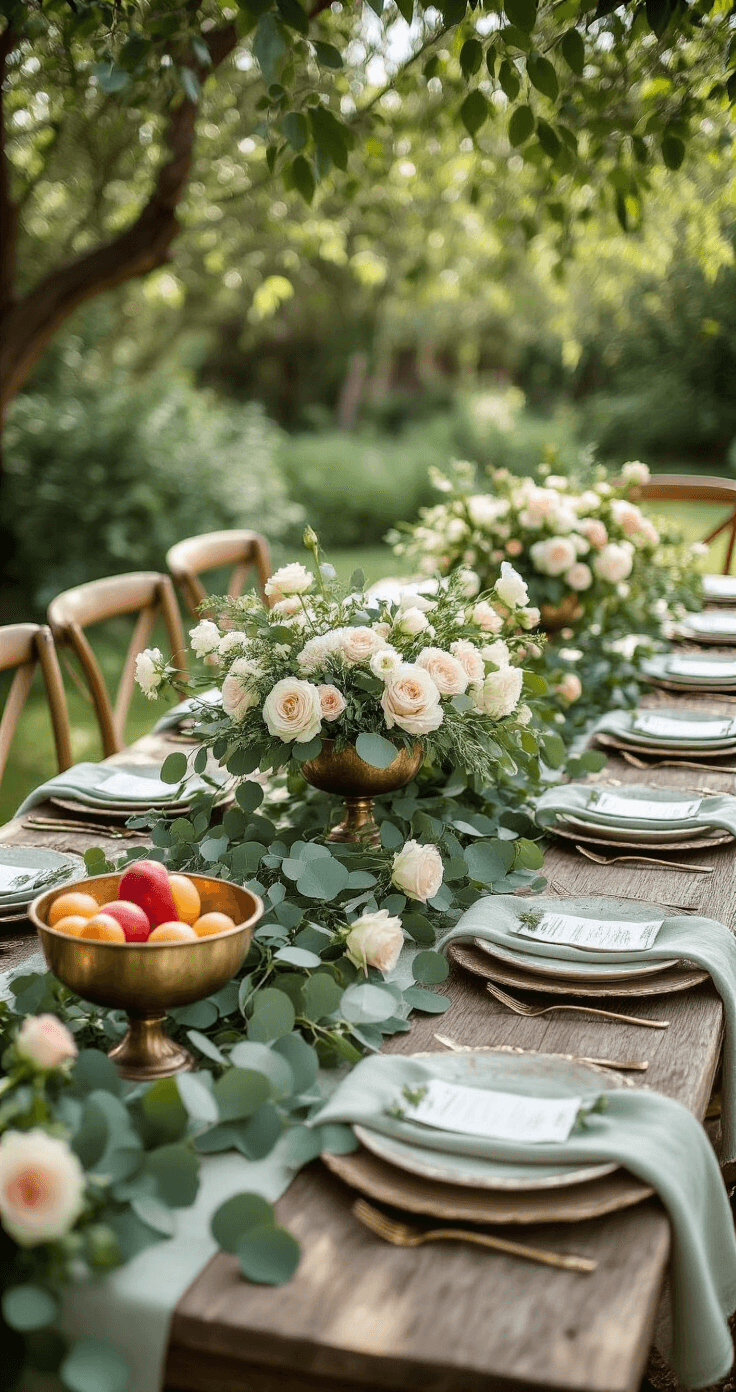 Stunning Head Table Decor: Transform Your Wedding Reception Centerpiece Afternoon garden party table featuring a rustic wooden farm table adorned with a eucalyptus garland, scattered white and blush roses, vintage brass compote bowls filled with seasonal fruits, and sage green linen napkins, surrounded by mismatched vintage chairs under dappled sunlight from overhead trees.
