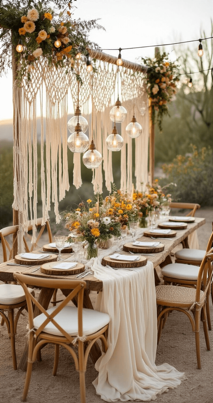 Stunning Head Table Decor: Transform Your Wedding Reception Centerpiece Bohemian outdoor reception featuring a macrame backdrop with hanging glass terrariums, natural wood slice chargers on a cream chiffon runner, mixed wildflower arrangements in vintage mason jars, woven rattan chairs with cream cushions, string lights overhead, and a soft-focused desert landscape at sunset, creating a relaxed and magical atmosphere.