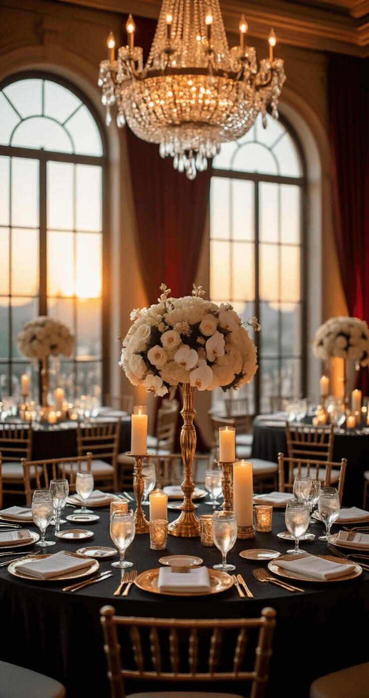 Hollywood Glamour: Creating a Cinematic Wedding Experience A luxurious wedding reception ballroom featuring grand chandeliers, black silk tables with gold runners, vintage candelabras, and floral arrangements, all illuminated by warm sunset light streaming through arched windows, framed by rich burgundy curtains.