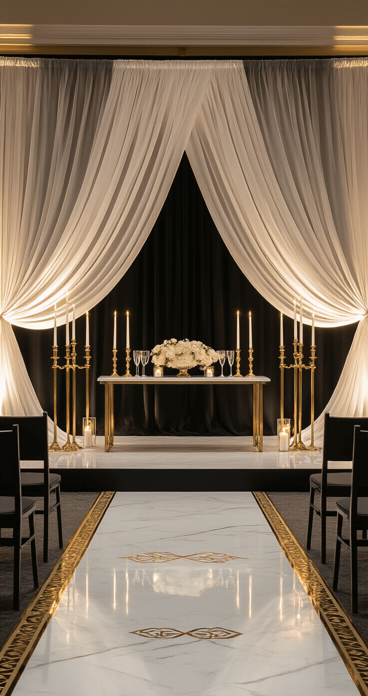 Hollywood Glamour: Creating a Cinematic Wedding Experience Elegant wedding altar featuring dramatic uplighting against a black backdrop, adorned with cascading white fabric and gold art deco frames. A mirrored table with crystal champagne coupes reflects warm candlelight, complemented by vintage brass candle holders. The white marble flooring with gold inlay enhances the luxurious ambiance, captured from a center aisle perspective.