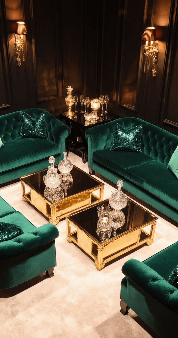 Hollywood Glamour: Creating a Cinematic Wedding Experience Intimate Hollywood-inspired lounge with plush jewel-toned velvet sofas, gold-leafed coffee tables, sequined pillows, vintage glassware, and warm tungsten lighting creating a luxurious ambiance.