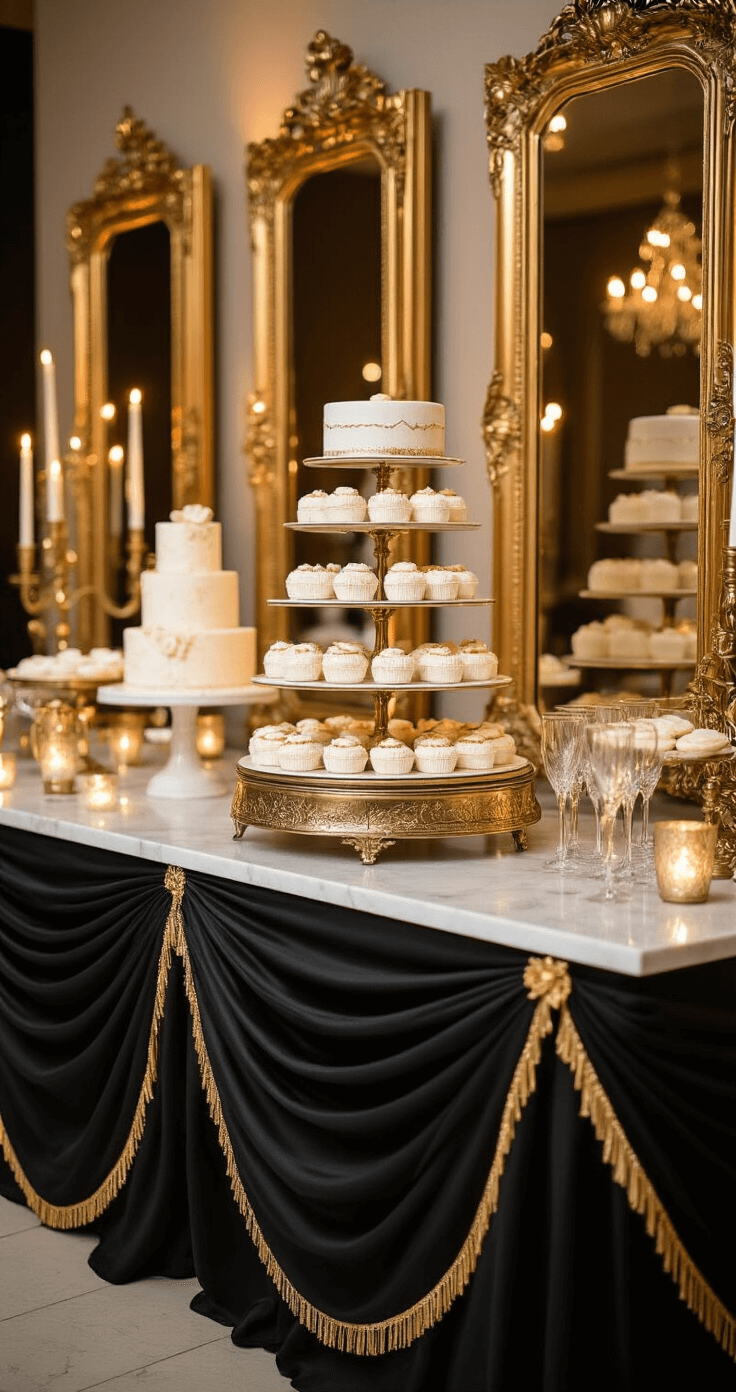 Hollywood Glamour: Creating a Cinematic Wedding Experience Opulent wedding dessert station featuring a multi-tiered display of elegant confections on white marble pedestals, framed by gold mirrors reflecting candlelight, with black silk skirts, crystal stands, and warm string lights enhancing the luxurious ambiance.