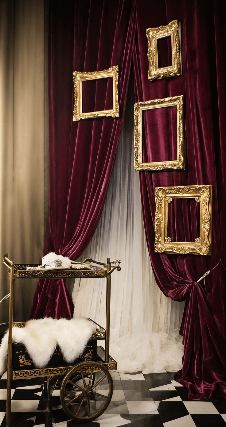 Hollywood Glamour: Creating a Cinematic Wedding Experience Dramatic wedding photo booth with Old Hollywood styling featuring deep burgundy velvet curtains, vintage gold art deco frames, white fur stoles on an antique brass cart, and black and white checkered flooring, illuminated by theatrical spotlights from a low angle.