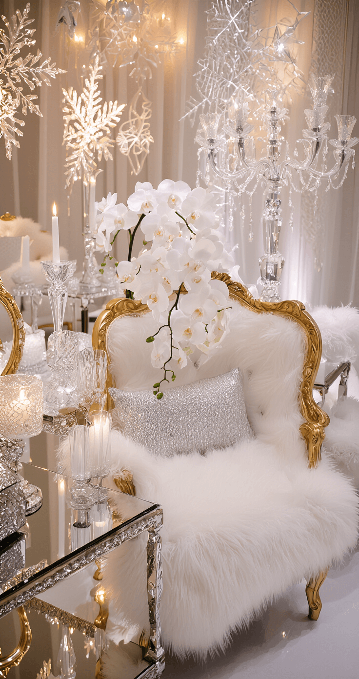 Hollywood Glamour: Creating a Cinematic Wedding Experience A luxurious cocktail hour space featuring a winter wonderland Hollywood theme, with gold-leafed furniture adorned with white fur throws, crystal snowflake decorations, and elegant candelabras casting soft candlelight. The setting showcases a silver and white color palette with mirrored surfaces and pristine white orchids in crystal vases, all highlighted by warm ambient lighting and a focus on texture and reflections.