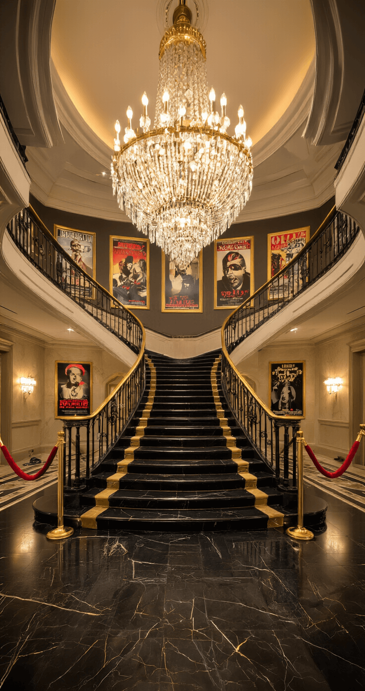 Hollywood Glamour: Creating a Cinematic Wedding Experience Grand wedding entrance foyer featuring a sweeping staircase with gold railings, illuminated by a massive crystal chandelier and warm tungsten bulbs, with black marble flooring reflecting dramatic uplighting, red velvet rope barriers, and vintage movie posters in ornate frames, all under golden hour lighting.