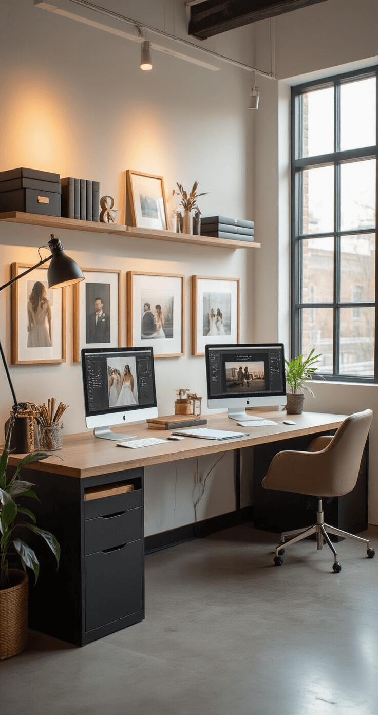 When Will I Get My Wedding Photos? The Ultimate Guide to Wedding Photo Delivery A modern photography studio displaying a wedding photo delivery timeline infographic, with illuminated sample albums, dual monitors on a sleek desk, and warm light through large windows, featuring minimalist decor in charcoal and white with gold accents.