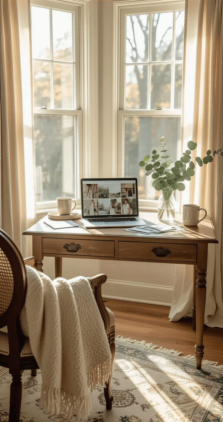 When Will I Get My Wedding Photos? The Ultimate Guide to Wedding Photo Delivery A cozy home office corner with a vintage wooden desk by a bay window, bathed in golden morning light, featuring an open MacBook displaying a wedding gallery, scattered printed photos, a ceramic coffee mug, and fresh eucalyptus stems in a glass vase, all set against a soft cream and sage green palette, with a woven throw blanket on an antique chair and hardwood floors complemented by a Persian rug, captured from an overhead angle to evoke anticipation and personal connection to memories.