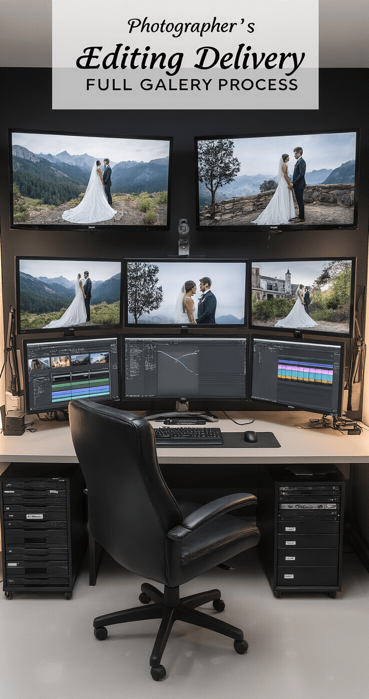 When Will I Get My Wedding Photos? The Ultimate Guide to Wedding Photo Delivery Elegant photographer's editing suite featuring high-resolution monitors displaying wedding images, professional color calibration tools, an ergonomic black leather chair, adjustable LED task lighting, organized storage with labeled hard drives, and modern minimalist furniture, all set on polished epoxy floors.