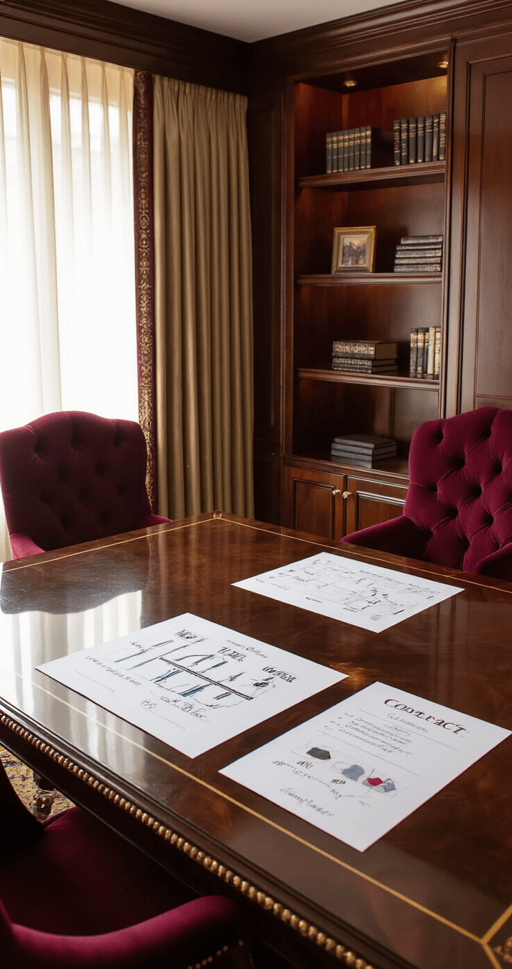 When Will I Get My Wedding Photos? The Ultimate Guide to Wedding Photo Delivery Luxurious wedding photography consultation room with a rich mahogany conference table surrounded by tufted velvet chairs, warm tungsten lighting, and deep burgundy and gold decor, showcasing contract documents and elegant fabric samples, viewed from the client's perspective.