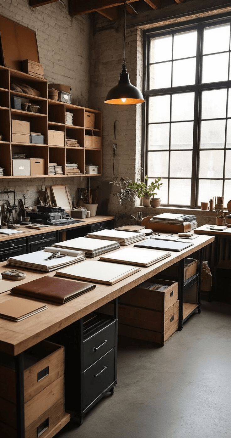 When Will I Get My Wedding Photos? The Ultimate Guide to Wedding Photo Delivery Artisan workshop for creating photo albums, featuring a large work table with open wedding albums, precision cutting tools, leather and fabric swatches, and organized storage cubbies, illuminated by natural light from a north-facing window, blending vintage industrial furniture with modern equipment in a warm, artistic atmosphere.