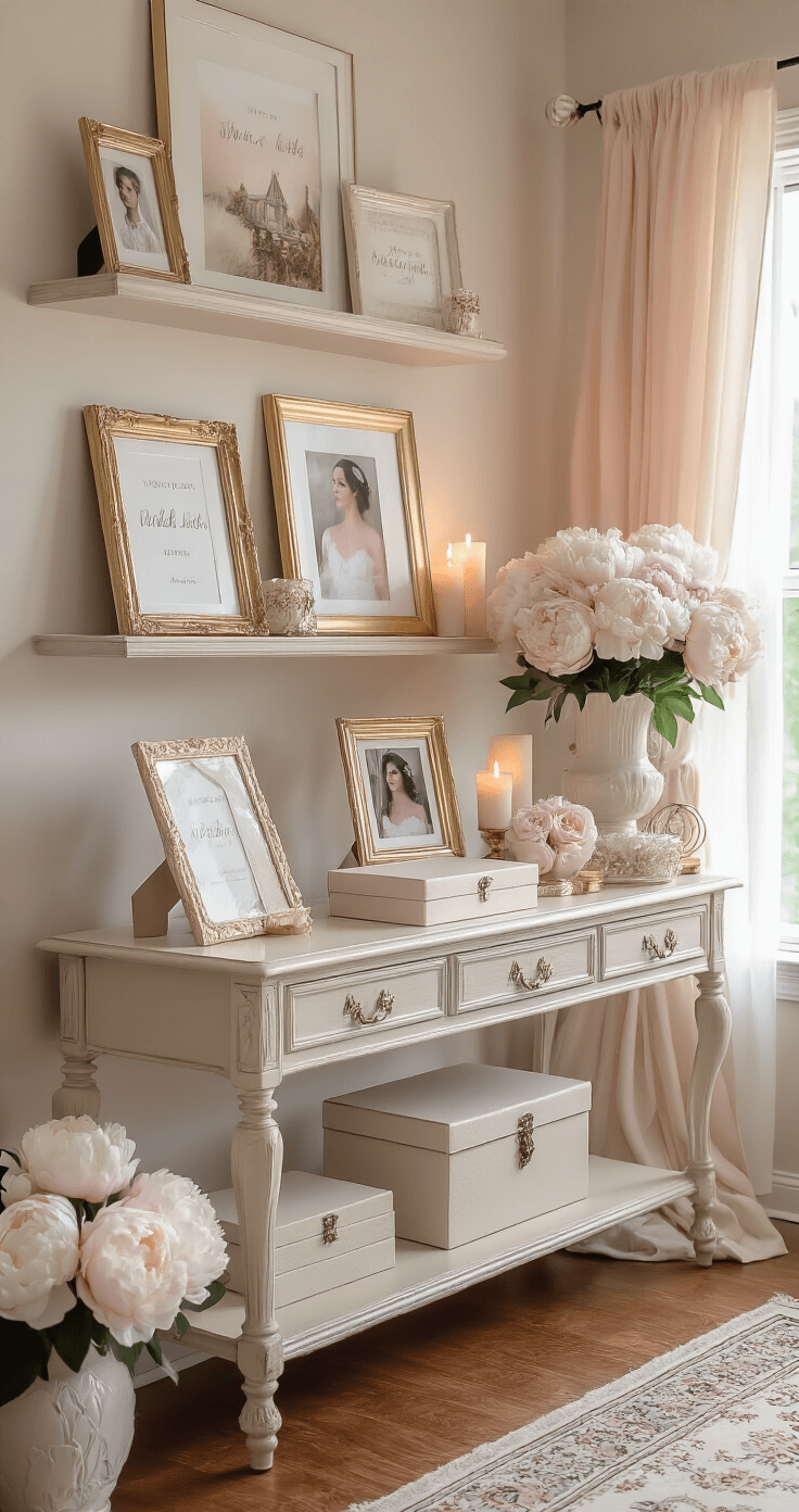 When Will I Get My Wedding Photos? The Ultimate Guide to Wedding Photo Delivery A romantic home display area featuring wedding photo memories on floating shelves, an elegant console table with wedding albums and a keepsake box, soft ambient lighting, a dreamy blush pink and champagne gold color palette, fresh white peonies, silk curtains, and vintage hardwood floors, all captured from a low angle to emphasize the celebration of love and timeless beauty.