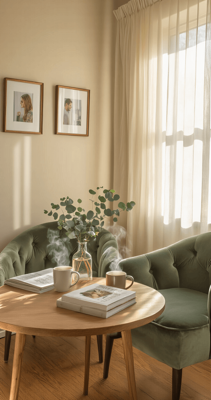 How Long Should You Date Before Getting Engaged? The Ultimate Relationship Guide A cozy breakfast nook featuring two steaming coffee mugs on a small round wooden table scattered with relationship books, illuminated by morning sunlight filtering through sheer curtains. The space includes matching sage green velvet reading chairs, warm oak flooring, soft cream walls adorned with framed couple photos, and delicate eucalyptus stems in a glass vase, creating a peaceful and contemplative atmosphere.