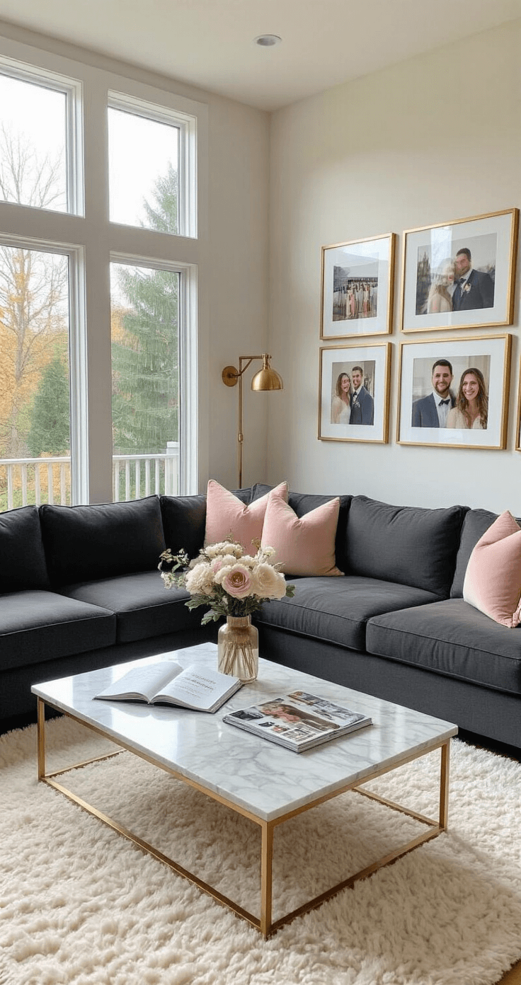 How Long Should You Date Before Getting Engaged? The Ultimate Relationship Guide A modern living room featuring a charcoal sectional sofa adorned with blush throw pillows, a marble coffee table with an open journal and wedding planning magazines, and a gallery wall of milestone photos in gold frames. The space is filled with natural light from floor-to-ceiling windows, complemented by a plush cream area rug and brass accent lighting, creating an aspirational atmosphere.