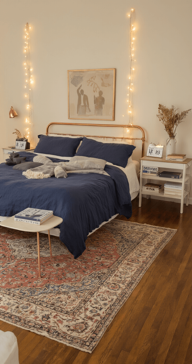 How Long Should You Date Before Getting Engaged? The Ultimate Relationship Guide A cozy, elegant bedroom features a king bed with navy linen bedding and copper accents, a bedside table adorned with finance planning books and a shared calendar. Soft white walls display meaningful artwork, while a vintage Persian rug lies on hardwood floors. String lights create a warm ambiance during the evening golden hour, captured from a slight overhead angle to convey a romantic, contemplative mood.