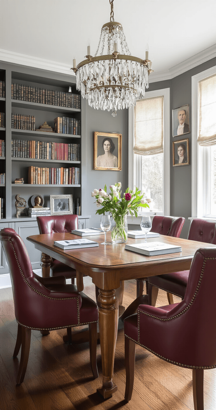 How Long Should You Date Before Getting Engaged? The Ultimate Relationship Guide A sophisticated dining room setting featuring a walnut dining table set for two, with communication workbooks on top, surrounded by burgundy leather chairs. The room has built-in bookshelves filled with relationship guides, warm gray walls adorned with couple portraits, and a crystal chandelier above. The rich mahogany floors add warmth, as late afternoon window light casts a serious yet inviting atmosphere.