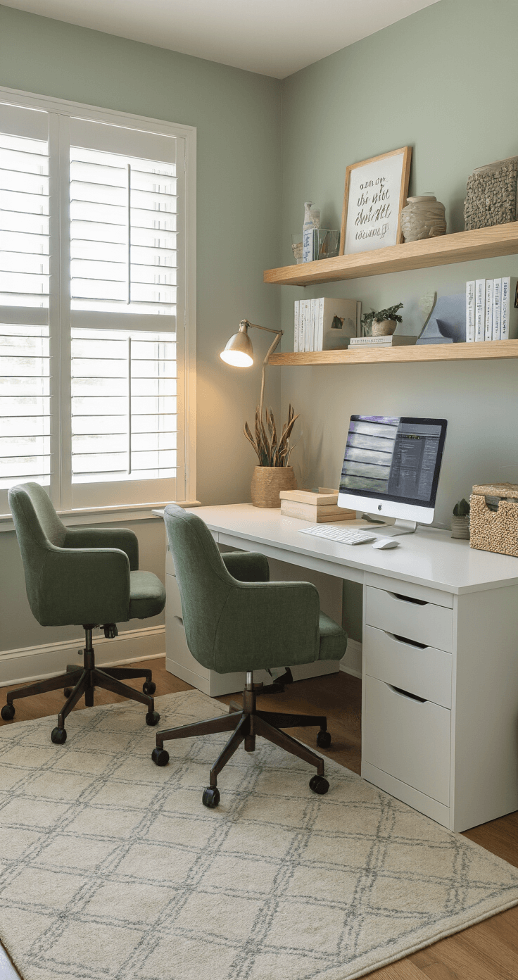 How Long Should You Date Before Getting Engaged? The Ultimate Relationship Guide A cozy home office featuring a shared white oak desk with his-and-hers organizers, ergonomic forest green chairs, and natural morning light filtering through plantation shutters. The soft sage walls are adorned with motivational quotes, and floating shelves hold premarital counseling books. A geometric area rug adds a touch of style, creating a productive and collaborative atmosphere.
