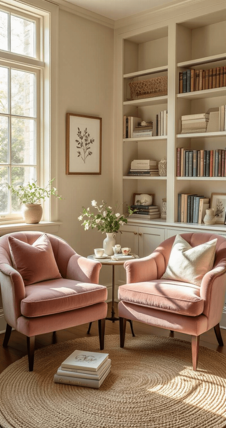 How Long Should You Date Before Getting Engaged? The Ultimate Relationship Guide A cozy reading corner bathed in golden afternoon light, featuring two dusty rose velvet accent chairs, a small side table with a tea service and relationship journals, and floor-to-ceiling built-ins filled with personal development books. The cream walls adorned with botanical prints complement the jute rug and surrounding plants, creating a peaceful and introspective atmosphere.