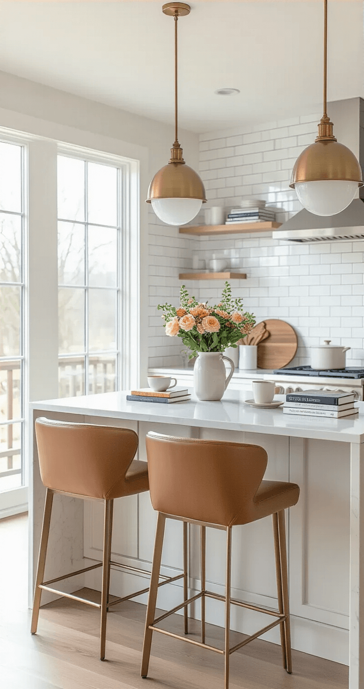 How Long Should You Date Before Getting Engaged? The Ultimate Relationship Guide A bright modern kitchen featuring a white quartz breakfast bar with planning books and coffee cups, illuminated by morning light through large windows. Two camel leather bar stools face the counter, complemented by a brass pendant light and a subway tile backsplash. Fresh flowers in a ceramic vase add a touch of warmth to the optimistic setting.
