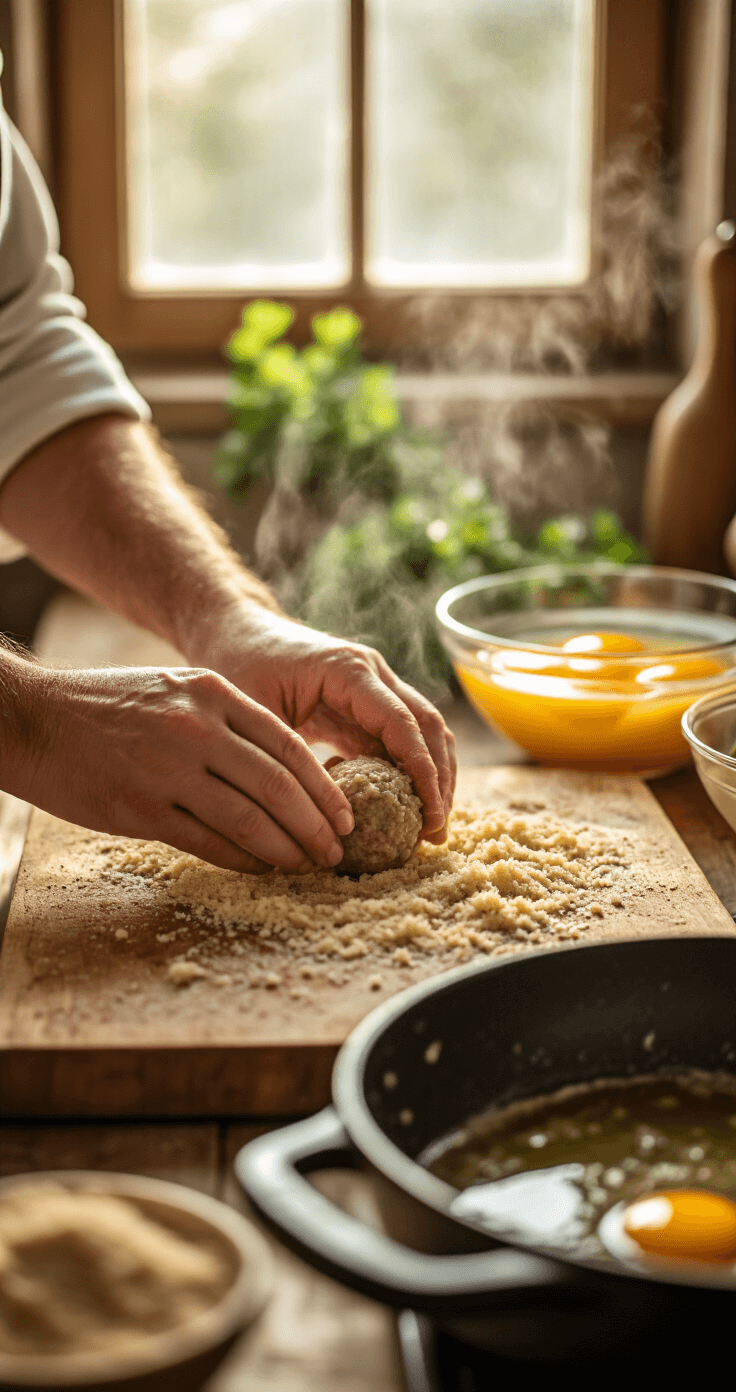 Italian Wedding Soup: The Ultimate Crowd-Pleasing Recipe for Elegant Events Cinematic close-up of hands rolling meatballs on a rustic wooden cutting board, surrounded by golden breadcrumbs, with soft natural light, mixing bowls, and a steaming skillet in the background.