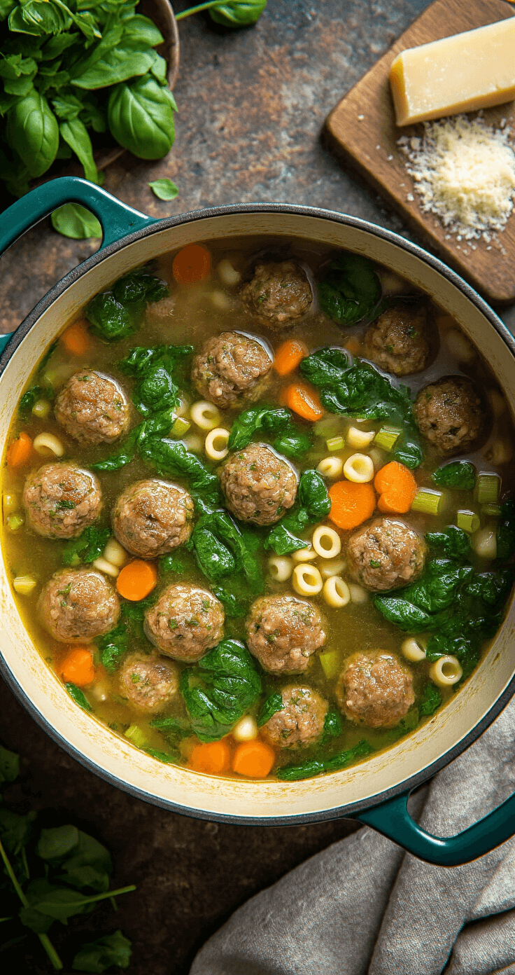 Italian Wedding Soup: The Ultimate Crowd-Pleasing Recipe for Elegant Events Elegant overhead view of a large stock pot filled with Italian wedding soup, showcasing vibrant spinach, browned meatballs, small pasta, diced carrots, and celery, with steam rising against a rustic kitchen backdrop adorned with fresh herbs and parmesan.
