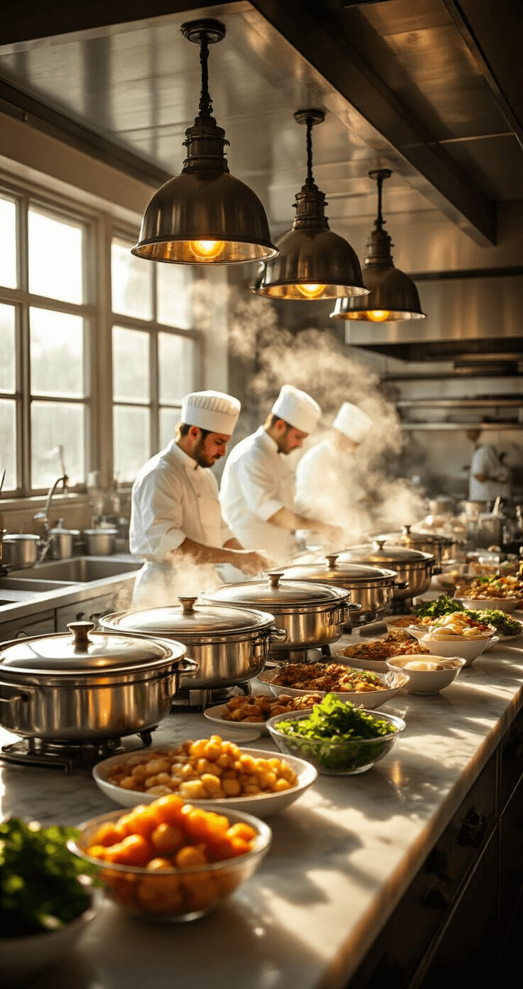 Ultimate Wedding Buffet Menu Guide: Crafting the Perfect Feast A cinematic wide shot of a bustling professional kitchen illuminated by warm golden light, featuring gleaming stainless steel chafing dishes on marble countertops, steam rising from simmering pots, and chefs in crisp white uniforms preparing elegant dishes amidst fresh ingredients in glass bowls.