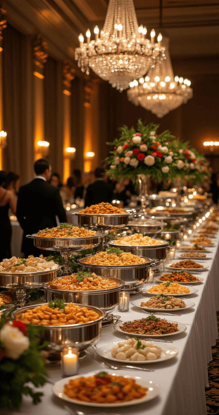 Ultimate Wedding Buffet Menu Guide: Crafting the Perfect Feast Luxurious wedding buffet setup featuring warm amber lighting, elegant serving platters, gourmet foods garnished with herbs, and guests in formal attire in a romantic ambiance.
