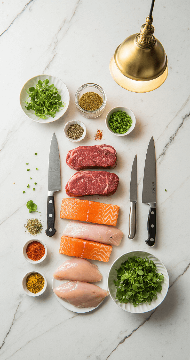 Plated Wedding Dinner: The Ultimate Culinary Guide for Your Perfect Reception Cinematic overhead view of an elegant culinary workspace featuring marble countertops with carefully arranged protein portions, including beef tenderloin, salmon fillets, and chicken breasts; professional chef's knives and vibrant microgreens are present, alongside colorful spice blends and steaming mise en place bowls.