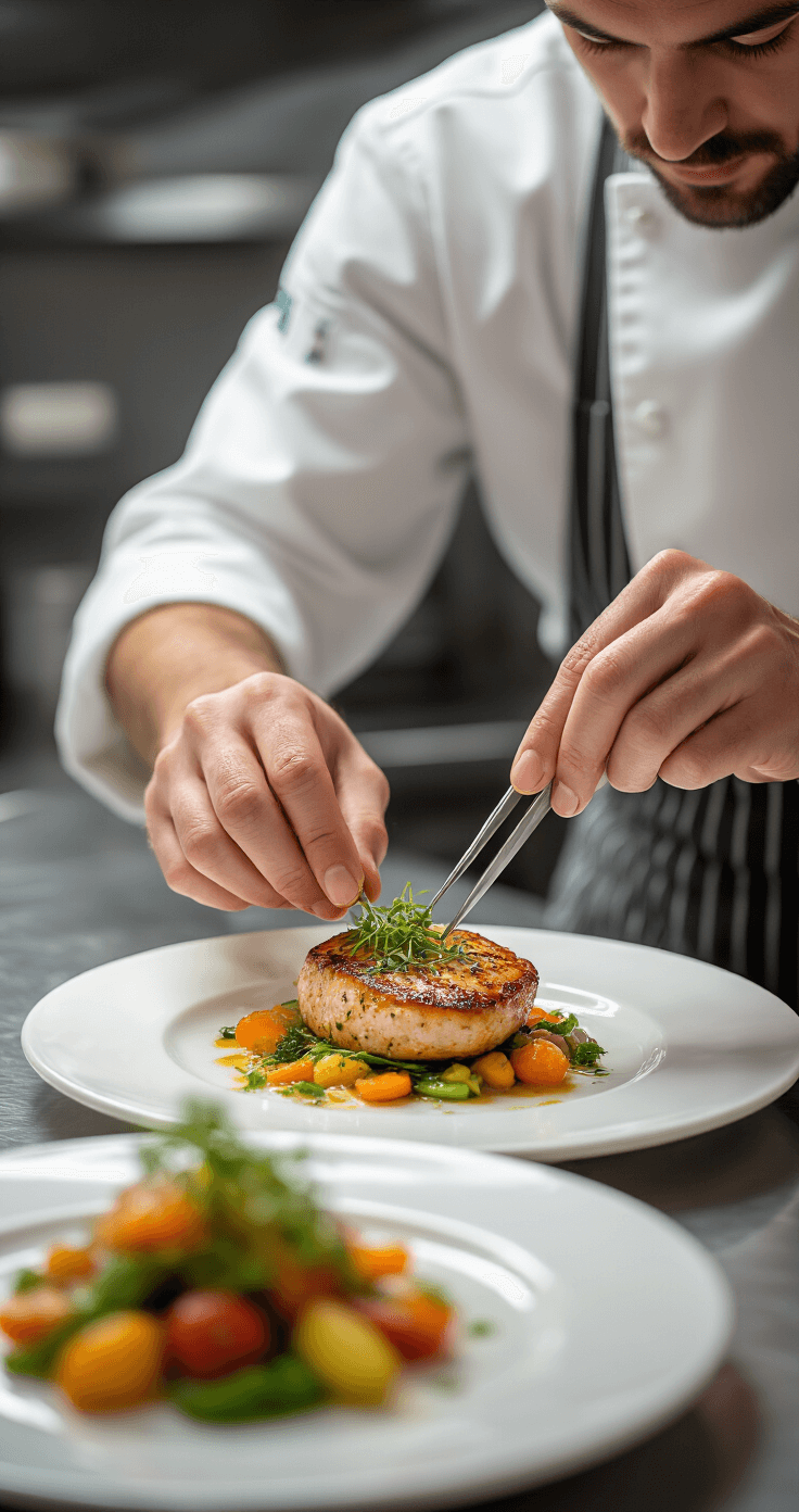 Plated Wedding Dinner: The Ultimate Culinary Guide for Your Perfect Reception Close-up of a chef's hands plating an elegant wedding dinner on white porcelain, featuring seared protein, vibrant vegetables, and microgreen garnishes, with steam and reflections in the background.