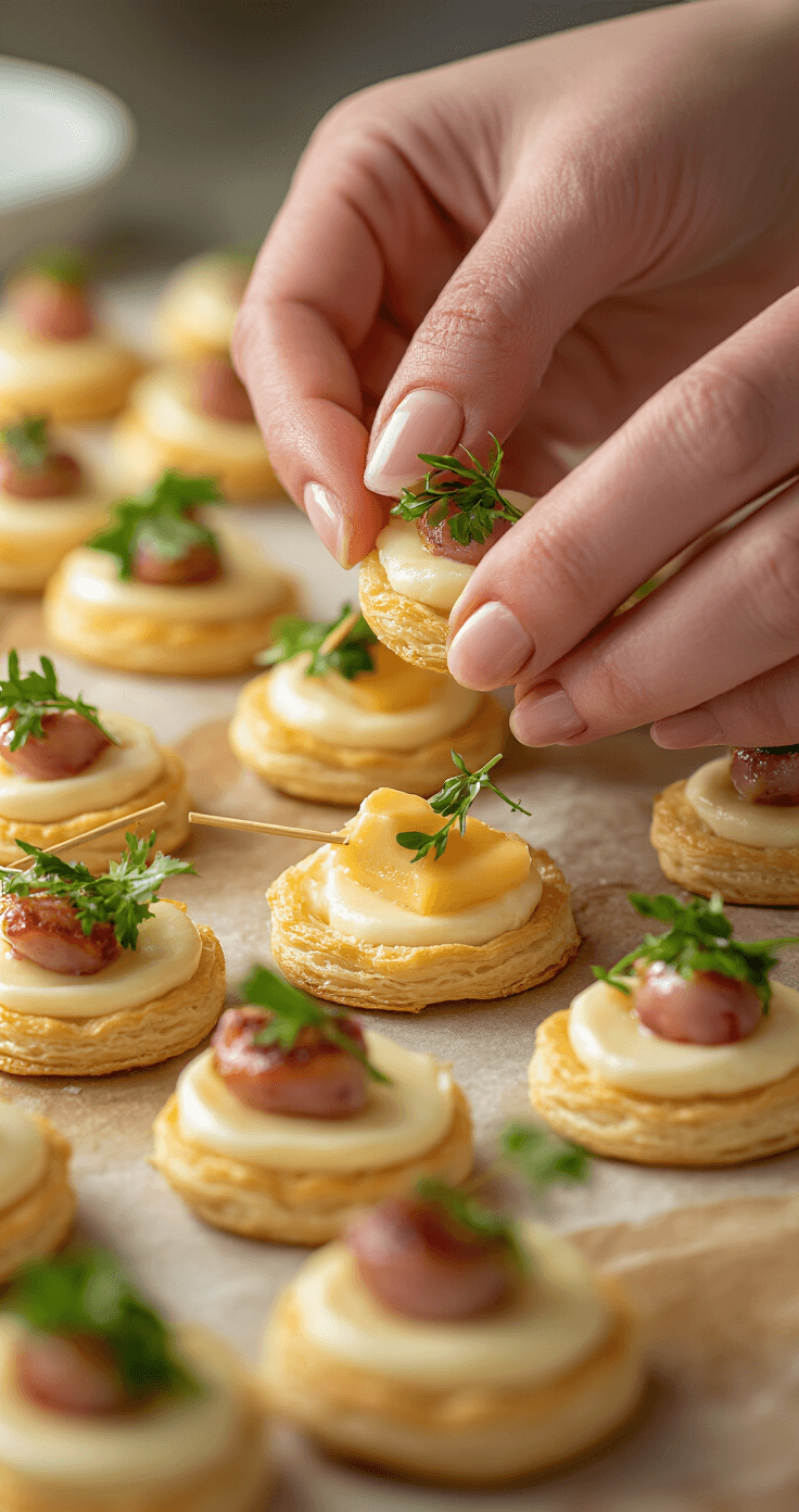 Ultimate Wedding Canapés Guide: Elegant Bite-Sized Delights for Your Special Day Intimate close-up of elegant hands assembling canapés, featuring creamy cheese on golden pastry, tender proteins, vibrant garnishes, and small skewers, all under soft diffused studio lighting with a shallow depth of field.