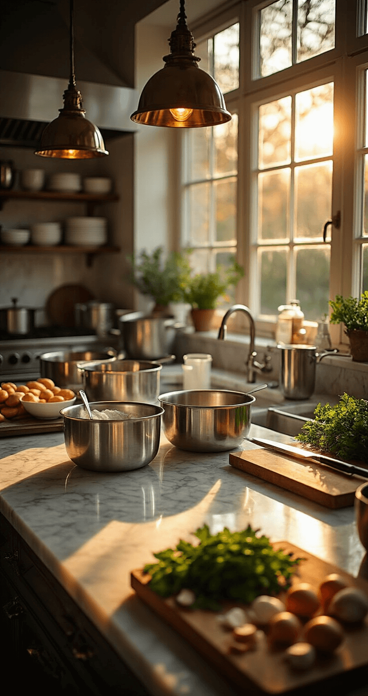 Ultimate Wedding Cocktail Hour Finger Food Guide: Delicious Bites for Every Taste Cinematic wide shot of an elegant kitchen during wedding cocktail preparation, featuring pristine marble countertops with professional equipment, stainless steel bowls, chef's knives, fresh herbs, reflective chafing dishes, and baking sheets, all illuminated by warm golden hour lighting creating dramatic shadows.